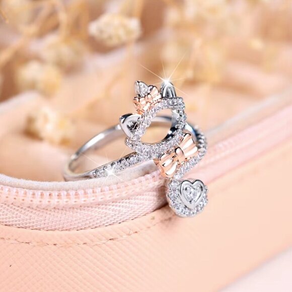 NEW 14k White Gold Cat Diamond Ring White & Pink Cat Ring Band - Picture 2 of 5